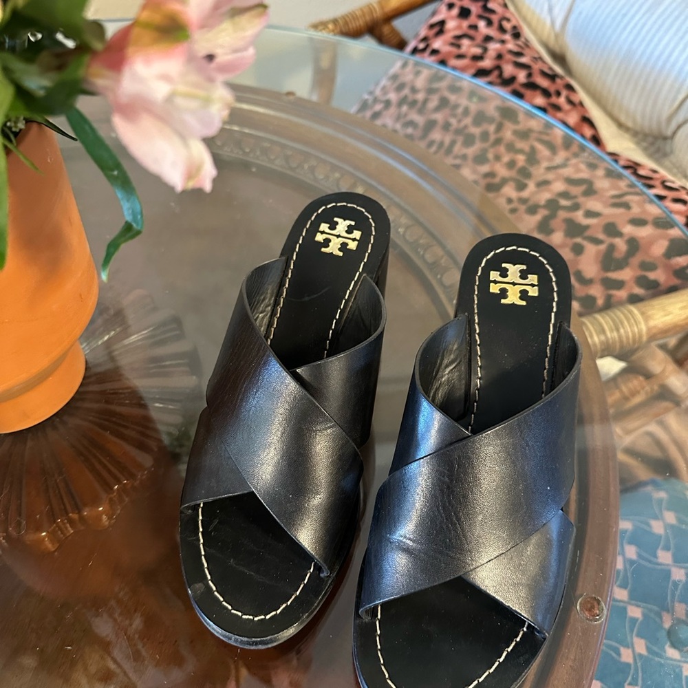Tory Burch Black Leather Crisscross Mules